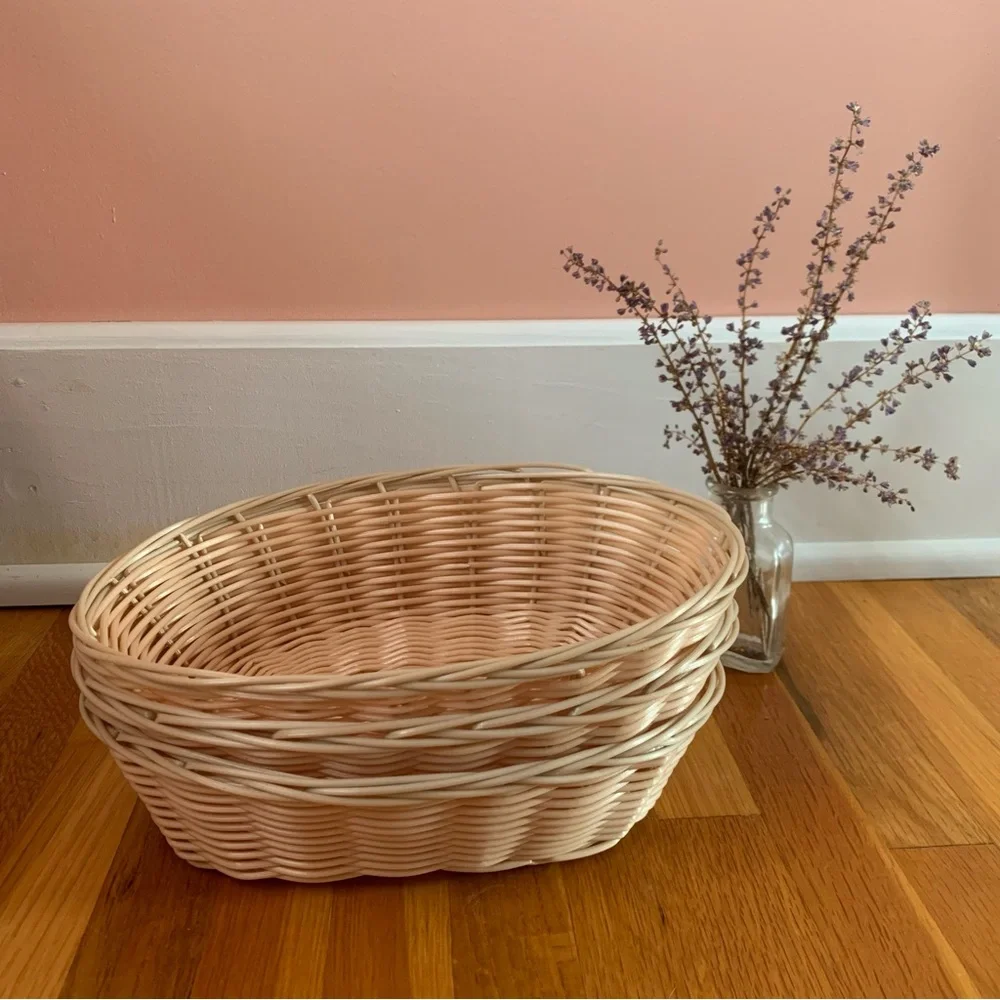Set of 3 Wicker Baskets Light Beige Plastic Wicker Baskets for Organization